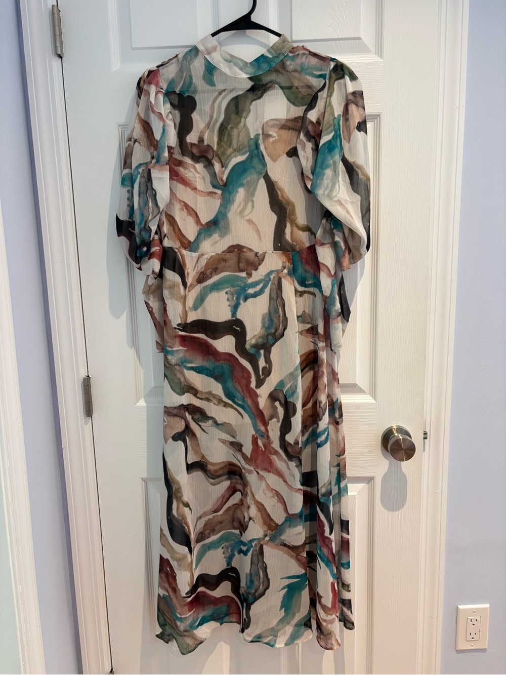 H&M Watercolor Abstract Midi Dress in Teal, Brown, Black and Cream